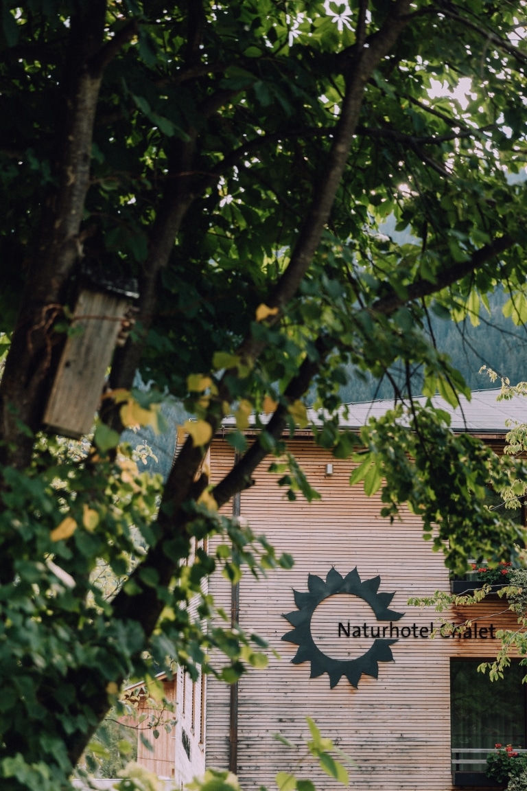 Naturhotel Chalet durch Bäume fotografiert im Sommer